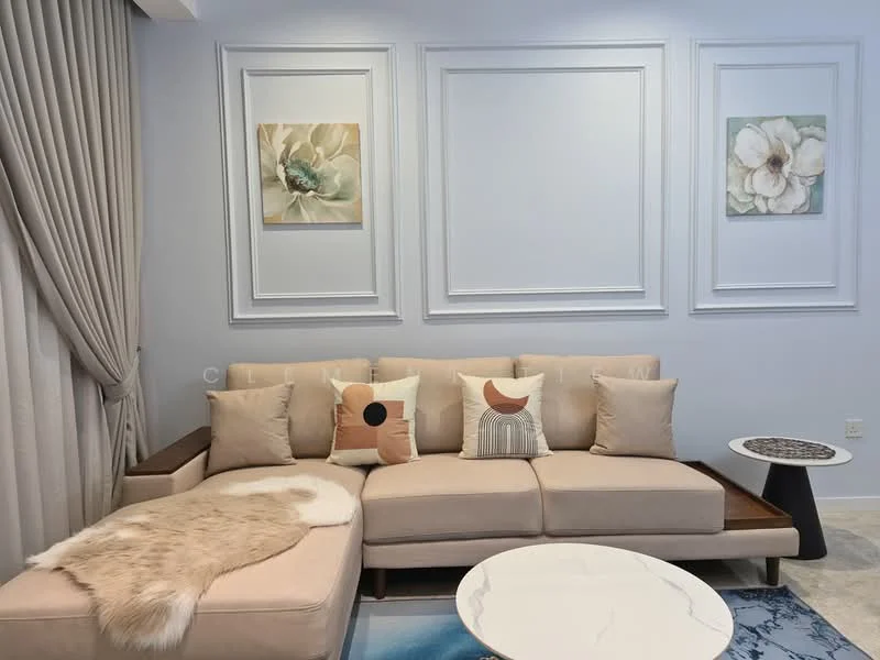 Living features: L-shape sectional sofa in beige, decorative throw pillows, round coffee table with marble top, area rug with geometric pattern, framed artwork on walls, curtains in light fabric, wall paneling with decorative moulding, light blue painted walls, wooden side table; style: modern.