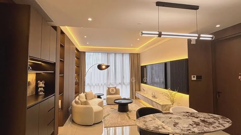 Living features: white marble flooring, recessed LED downlights, sofa in white fabric, black coffee table, TV console with wall-mounted TV, built-in shelving unit with dark wood finish, floor-to-ceiling windows with sheer curtains, decorative wall with warm lighting, pendant light fixture, decorative plant, area rug with geometric pattern; style: modern.
