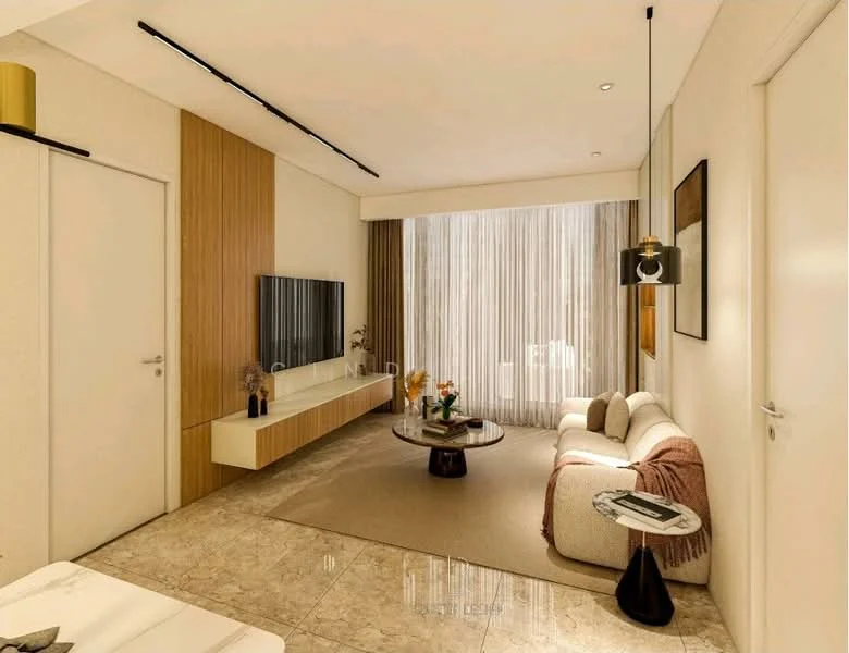 Living features: cream painted walls, marble tile flooring, recessed downlights, floor-to-ceiling windows with sheer curtains, light wood feature wall, wall-mounted TV, white TV console, round coffee table, 2-seater fabric sofa in light beige, decorative throw blanket, side table with lamp, decorative vase with flowers, area rug in neutral tones; style: modern.