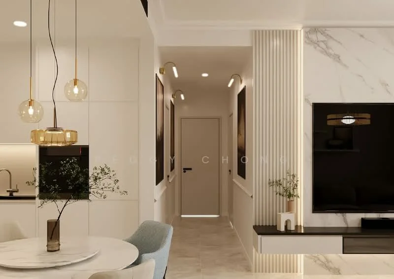 Dining features: round dining table, upholstered dining chairs, pendant lighting, white marble tabletop, wall-mounted TV, light-colored cabinetry, neutral wall color, recessed downlights, decorative wall art, sliding door to hallway; style: modern. Hallway features: light-colored walls, white door, recessed downlights, decorative wall paneling.