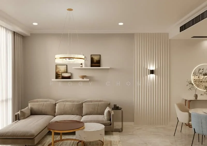Living features: 3-seater fabric sofa in beige, round marble coffee table, wall-mounted artwork, shelf with decorative items, recessed LED downlights, chandelier with circular design, light-colored walls, textured accent wall, large windows with sheer curtains, flooring with light-colored tiles; style: modern.