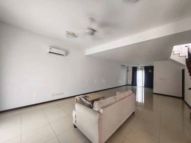 Living features: white painted walls, polished ceramic tile flooring, 5-blade ceiling fan, 1 wall-mounted split AC, large windows with curtains, staircase leading to upper floor, sofa, coffee table; style: modern.