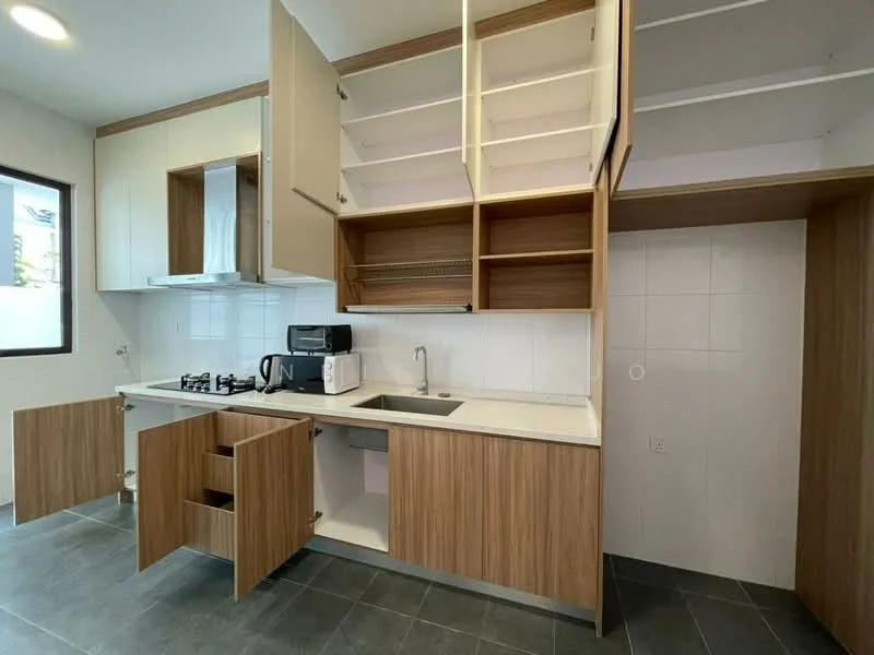 Kitchen features: white cabinets with wood accents, open shelving, stainless-steel sink, chrome pull-down faucet, gas stove with 2 burners, built-in microwave, countertop with white surface, tile backsplash, grey tile flooring, under-cabinet lighting; style: modern.