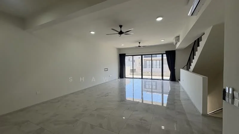 Living features: marble tile flooring, white painted walls, exposed beams, 2 ceiling fans, floor-to-ceiling windows, sliding glass door, blackout curtains, recessed downlights; style: modern.