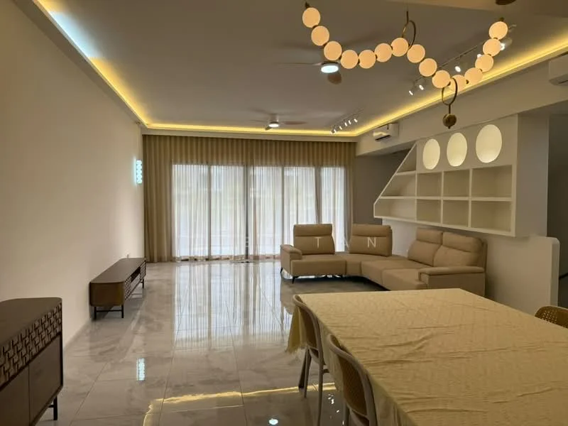 Living features: marble tile flooring, white painted walls, recessed downlights, 5-blade ceiling fan, sofa in beige, coffee table, TV console, area rug, curtains, decorative wall shelving, dining table with tablecloth, pendant light fixture; style: modern.