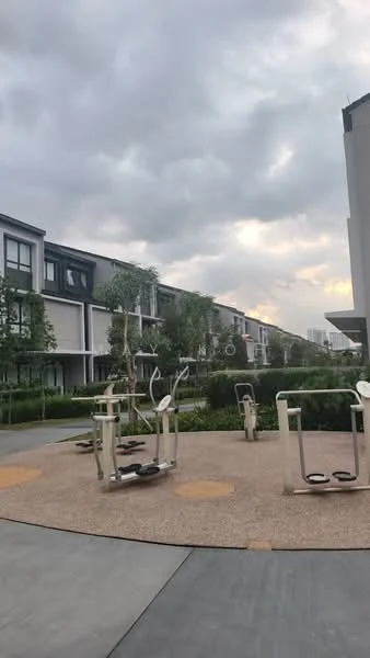 Exterior type: townhouse; features: outdoor gym equipment, manicured landscaping, paved walkway, surrounding greenery, modern architectural design, two-storey buildings, cloudy sky, open space; style: modern.