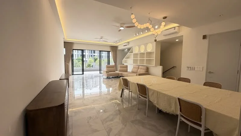 Living features: large sliding glass door, floor-to-ceiling windows, cream painted walls, recessed downlights, 5-blade ceiling fan with light, light wood flooring, sofa in beige fabric, dining table with beige tablecloth, upholstered dining chairs, built-in shelving unit, decorative pendant light; style: modern; view: garden.
