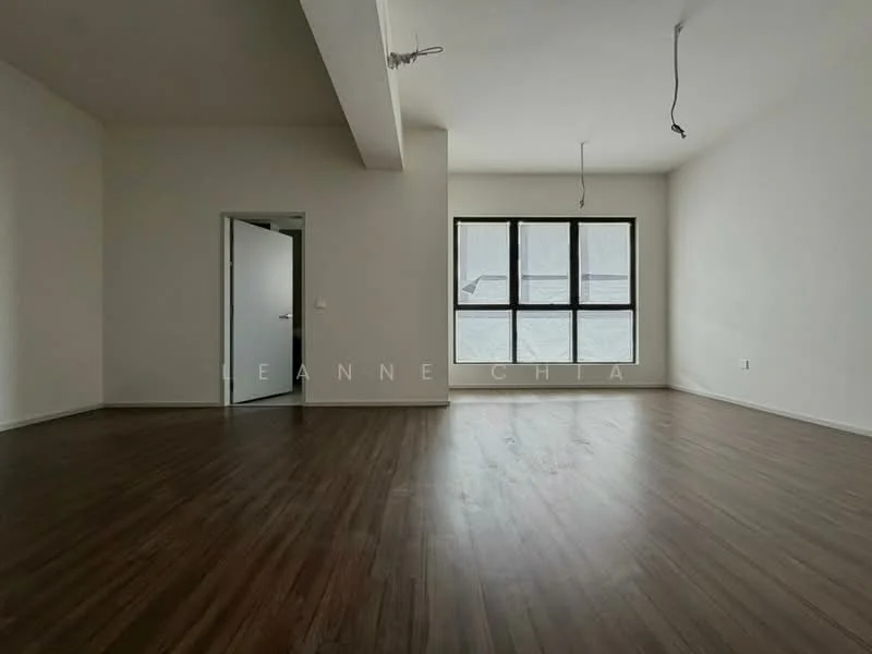 Room features: light wood flooring, white painted walls, large windows, exposed ceiling with electrical wiring, no visible furniture, natural light from windows; style: modern.