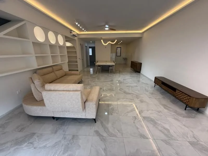 Living features: 3-seater fabric sofa in beige, marble tile flooring, recessed downlights, ceiling fan, wall-mounted TV console, decorative chandelier, open shelving unit, dining table, wooden sideboard, neutral painted walls, large windows, area rug; style: modern.