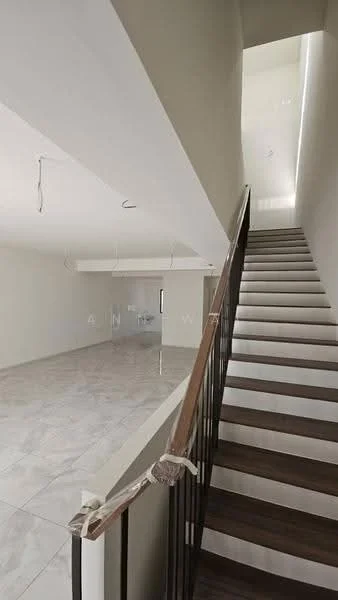 Room features: white painted walls, marble tile flooring, staircase with wooden steps, metal railing, recessed lighting, large windows, open space layout, high ceiling; style: modern.