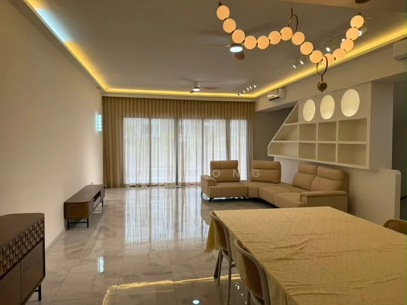 Living features: cream painted walls, marble tile flooring, 5-blade ceiling fan with light, recessed LED downlights, sofa sectional in beige, coffee table, TV console, dining table with chairs, floor-to-ceiling windows with sheer curtains, decorative wall shelving, LED strip lighting, area rug; style: modern.