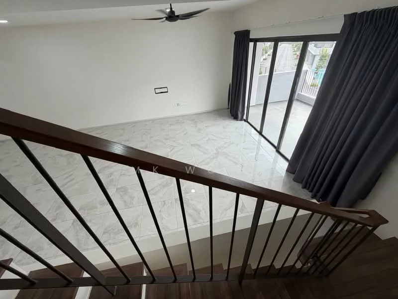 Living features: marble tile flooring, 5-blade ceiling fan, floor-to-ceiling sliding glass doors, grey curtains, white painted walls, open layout, access to balcony, natural light from windows; style: modern; view: city.
