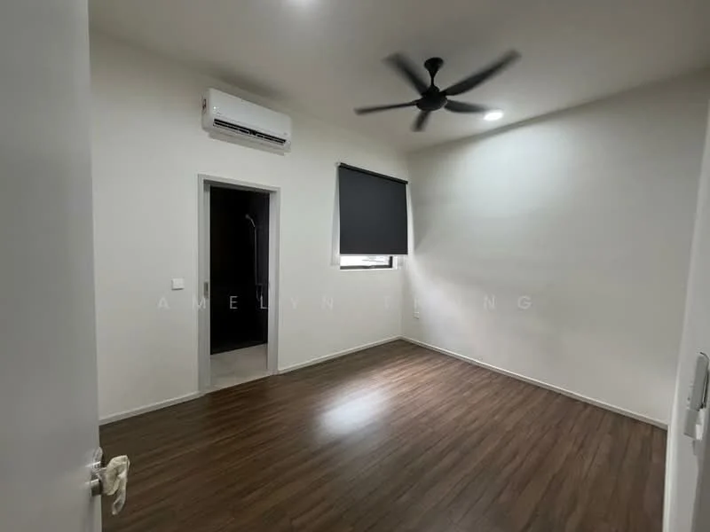 Room features: light brown laminate flooring, white painted walls, ceiling fan with light, wall-mounted split AC, black roller blinds, door leading to bathroom, no visible furniture; style: modern.