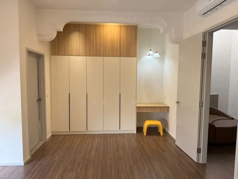 Room features: light wood cabinetry, cream cabinet doors, decorative ceiling cornice, wooden flooring, wall-mounted air conditioning unit, two pendant lights, small yellow stool, white walls, built-in wardrobe, open space layout; style: modern.