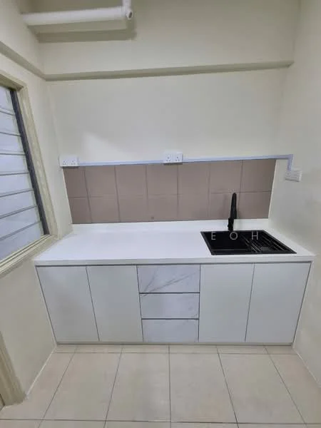 Kitchen features: white cabinetry with flat-panel doors, marble accent drawer front, single-bowl stainless-steel sink, black gooseneck faucet, white countertop, ceramic tile backsplash in beige, wall-mounted electrical outlets, tile flooring in light color; style: modern.