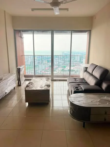 Living features: 3-seater fabric sofa in grey, coffee table, floor-to-ceiling windows, city view, tile flooring, ceiling fan, TV console, decorative wall, natural light; style: modern; view: city.
