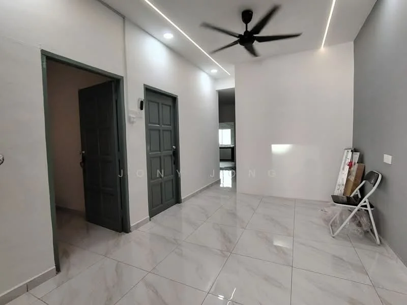 Room features: white painted walls, grey accent wall, marble tile flooring, 5-blade ceiling fan, recessed LED downlights, two doors leading to other rooms, window with natural light, folding chair; style: modern.