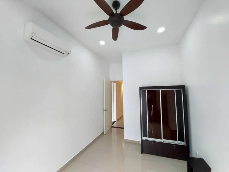 Room features: white painted walls, glossy tile flooring, 5-blade ceiling fan, wall-mounted split AC, doorway leading to another room, built-in wardrobe with mirrored doors, recessed ceiling lights; style: modern.