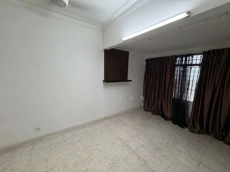 Room features: white painted walls, textured ceiling, tile flooring, floor-to-ceiling window, dark brown curtains, shelf or ledge, recessed lighting; style: minimalist.