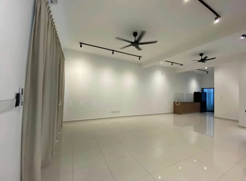 Living features: white painted walls, polished ceramic tile flooring, 5-blade ceiling fan with light, recessed LED downlights, curtains, open layout, kitchen area visible in background, no visible furniture; style: modern.
