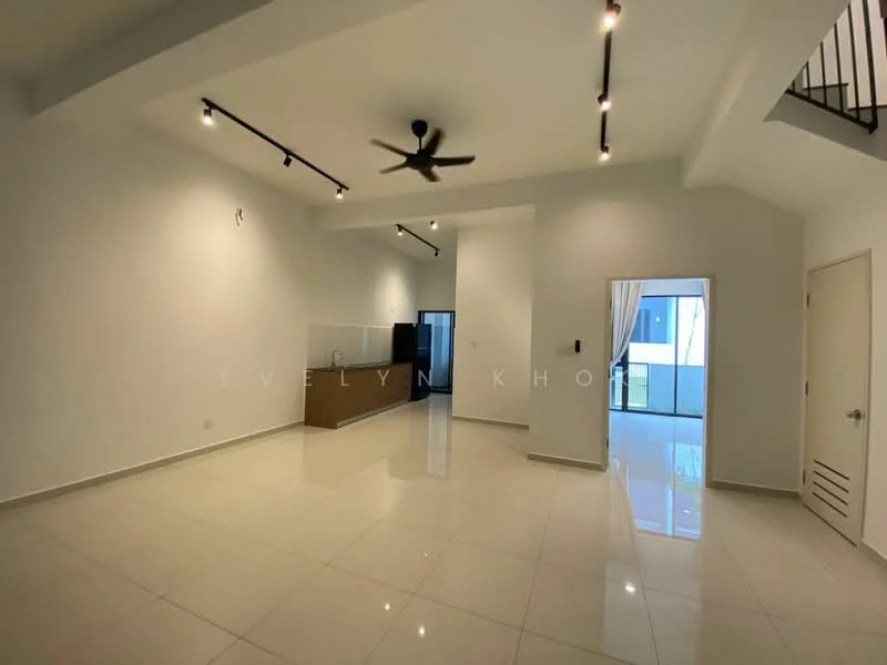 Living features: white painted walls, polished ceramic tile flooring, 5-blade ceiling fan with light, recessed LED downlights, floor-to-ceiling windows, sliding glass door, open layout, neutral color scheme, high ceiling; style: modern. Kitchen features: wood cabinetry, countertop with backsplash, kitchen island, stainless-steel sink, built-in appliances; style: modern.