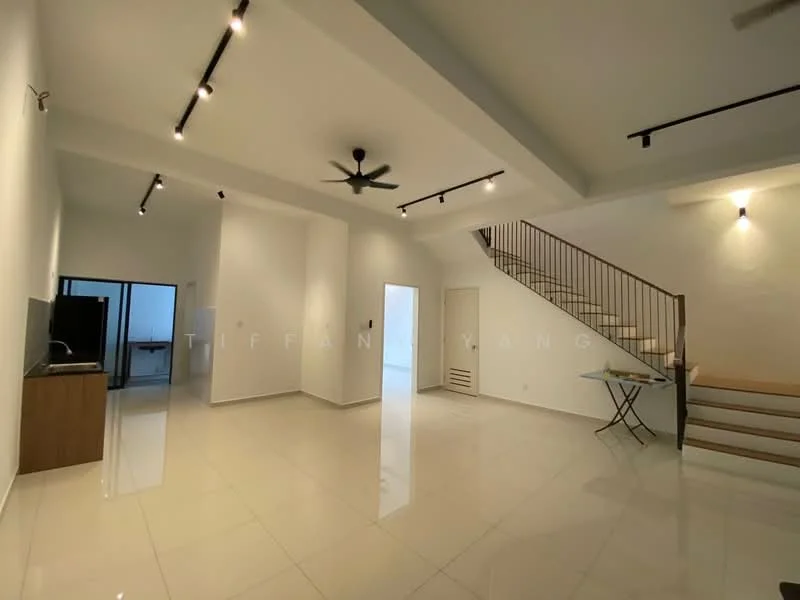 Living features: white painted walls, polished ceramic tile flooring, 5-blade ceiling fan with light, recessed downlights, staircase with metal railing, open layout, large windows, wall-mounted TV console, dining table, decorative wall, high ceiling; style: modern.