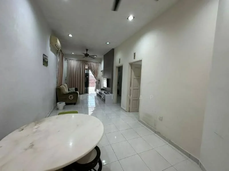Living features: white painted walls, glossy white tile flooring, 5-blade ceiling fan with light, sofa in green fabric, TV console, wall-mounted TV, large sliding glass door, curtains, decorative wall art, dining table with marble top, 4 dining chairs; style: modern.
