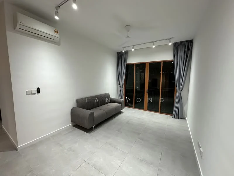 Living features: grey fabric sofa, floor-to-ceiling windows, sliding glass door, sheer curtains, 5-blade ceiling fan with light, wall-mounted split AC, light grey tile flooring, white painted walls, recessed LED downlights; style: modern; view: city.