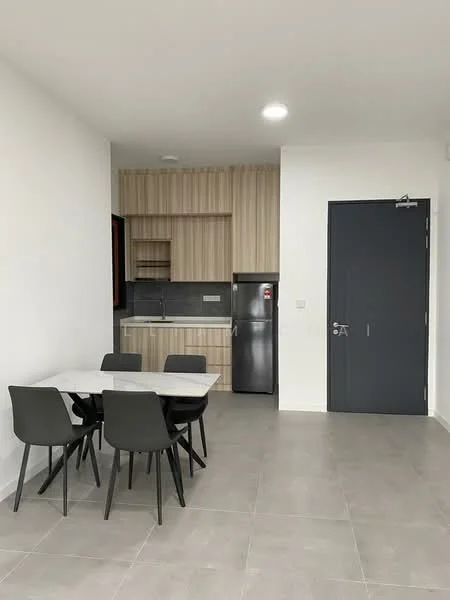 Dining features: 4-seater dining table with white marble top, black dining chairs, grey tiled flooring, white painted walls, kitchen cabinetry with wood finish, built-in kitchen counter, stainless-steel fridge, recessed ceiling lights; style: modern.