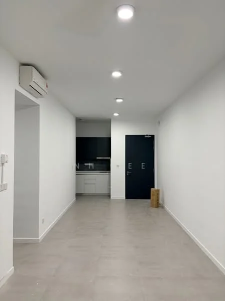 Room features: white painted walls, grey tiled flooring, recessed LED downlights, 1 wall-mounted split AC, dark blue door, open layout, kitchen area visible in the background; style: modern.