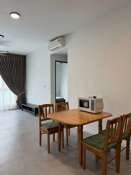 Dining features: wooden dining table, 4 wooden chairs with green cushions, microwave on table, wall-mounted split AC, grey tiled flooring, white painted walls, floor-to-ceiling windows with sheer curtains, dark wood bench, recessed ceiling lights; style: modern.