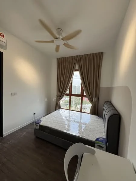 Bedroom features: queen-size bed, upholstered headboard, wooden flooring, 5-blade ceiling fan, floor-to-ceiling window, curtains, wall-mounted air conditioning unit, decorative wall, study desk with chair; style: modern; view: city.