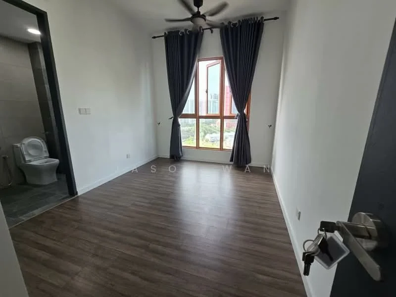 Room features: light wood laminate flooring, white painted walls, floor-to-ceiling window, dark blue curtains, ceiling fan, toilet visible in corner, city view from window; style: modern; view: city.