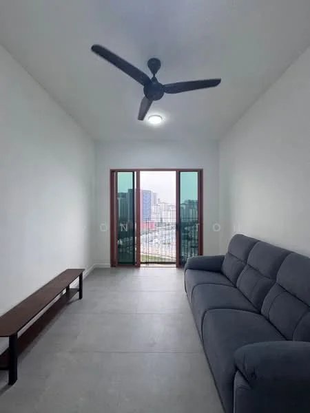 Living features: grey fabric sofa, wooden bench, light grey tile flooring, white painted walls, ceiling fan, floor-to-ceiling windows, sliding glass door, city view; style: modern; view: city.