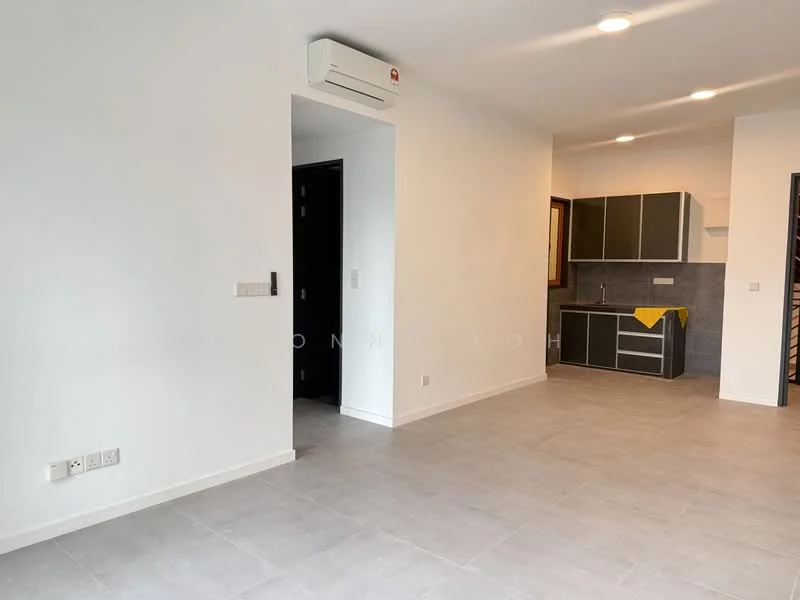 Living features: white painted walls, grey tile flooring, recessed downlights, 1 wall-mounted split AC, open layout to kitchen, doorway leading to hallway, neutral decor; style: modern. Kitchen features: grey cabinetry, white countertop, stainless-steel sink, kitchen backsplash, built-in appliances, yellow kitchen towel; style: modern.