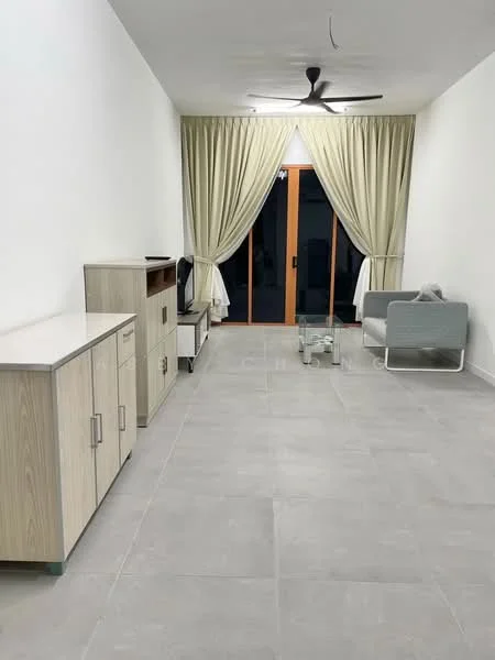 Living features: light grey tile flooring, white painted walls, 5-blade ceiling fan, large glass sliding door, sheer curtains, wooden sideboard, white side table, grey sofa, glass coffee table; style: modern.