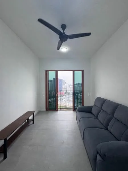 Living features: grey fabric sofa, wall-mounted ceiling fan, floor-to-ceiling windows, sliding glass door, light grey tile flooring, white painted walls, natural light from windows, view of city skyline; style: modern; view: city.