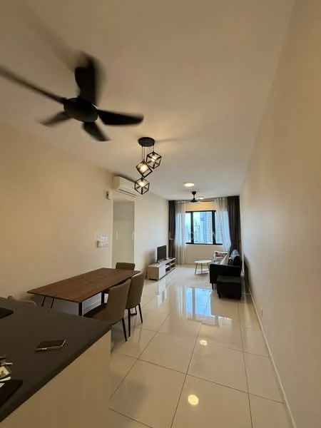 Living features: white painted walls, glossy tile flooring, 5-blade ceiling fan with light, 2 pendant lights, sofa in black, coffee table, TV console, wall-mounted TV, dining table with 4 chairs, floor-to-ceiling windows with curtains; style: modern; view: city.