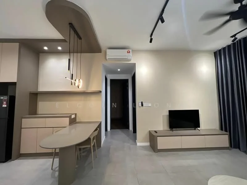 Living features: light grey tiled flooring, cream painted walls, dark grey curtains, wall-mounted TV, wooden TV console, round dining table, kitchen island with cabinetry, recessed downlights, pendant lighting above dining table, air conditioning unit, open layout, sliding door to hallway; style: modern.