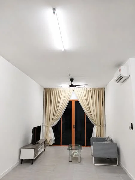 Living features: white painted walls, grey tiled flooring, 5-blade ceiling fan, LED ceiling light, floor-to-ceiling windows, sheer curtains, blackout curtains, TV console, wall-mounted TV, glass coffee table, 2-seater fabric sofa in light grey; style: modern.