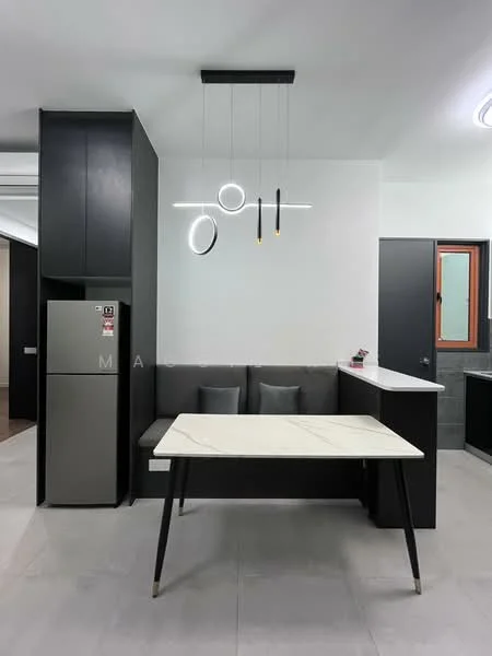 Kitchen features: black cabinetry, white marble countertop, stainless-steel fridge, pendant lighting with circular design, grey upholstered dining chairs, open shelving, tile flooring, wall-mounted cabinets, window with wooden frame; style: modern.