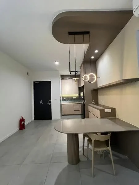 Kitchen features: light grey tile flooring, white painted walls, brown cabinetry, built-in oven, stainless-steel sink, chrome pull-down faucet, pendant lighting with circular fixtures, kitchen island with integrated dining table, open shelving, fire extinguisher, recessed downlights; style: modern.
