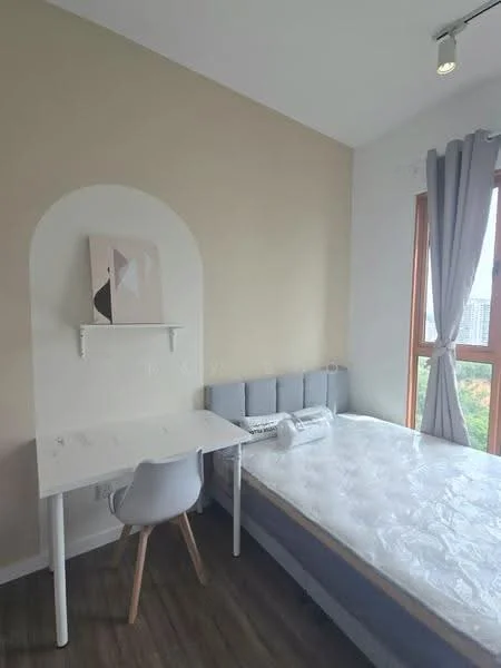 Bedroom features: queen-size bed, upholstered headboard, study desk with white surface, white chair, floor-to-ceiling window, grey curtains, wooden flooring, decorative wall art, light fixture on ceiling; style: modern; view: city.