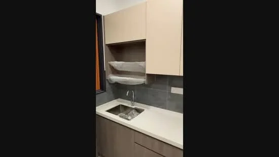 Kitchen features: single-bowl stainless-steel sink, chrome pull-down faucet, light-colored cabinetry, grey tile backsplash, white solid surface countertop, under-cabinet storage, open shelving, modern cabinet handles; style: modern.