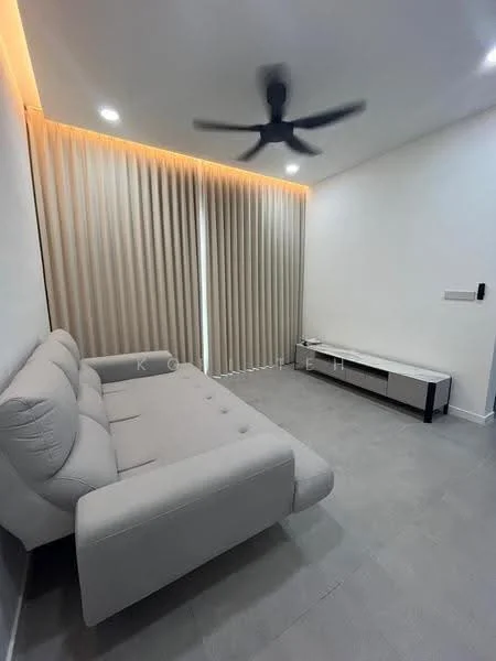 Living features: light grey fabric sofa, ceiling fan with light, floor-to-ceiling curtains, recessed lighting, light grey tile flooring, wall-mounted TV console, neutral wall colour, decorative wall paneling; style: modern.