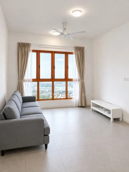 Living features: 3-seater fabric sofa in grey, white TV console, floor-to-ceiling windows, sheer curtains, light grey tiled flooring, ceiling fan, recessed ceiling lights, white painted walls; style: modern; view: city.