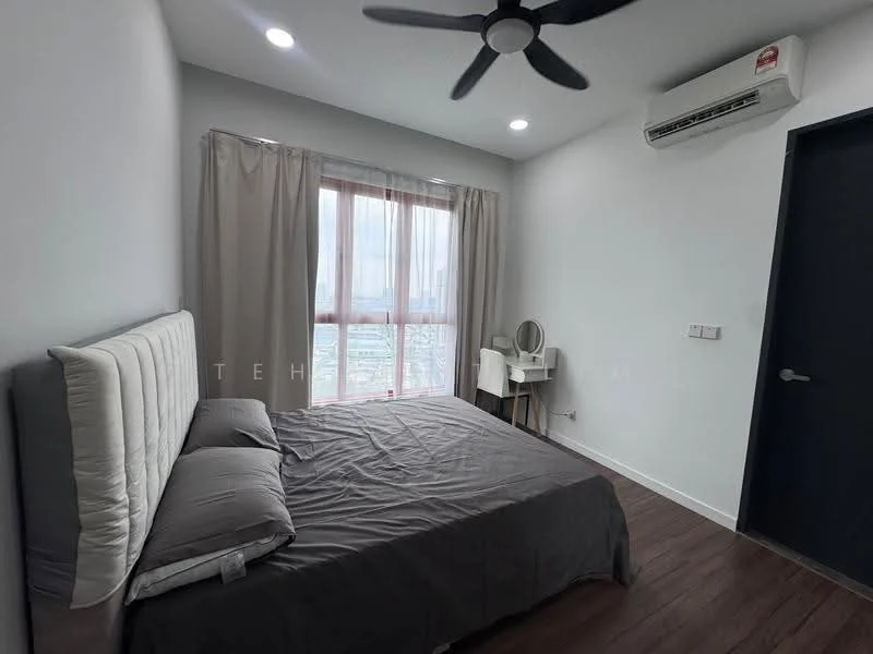 Bedroom features: queen-size bed with upholstered headboard, grey bedding, floor-to-ceiling windows, sheer curtains, wooden flooring, 5-blade ceiling fan with light, wall-mounted air conditioning unit, study desk with mirror, decorative wall, nightstand; style: modern; view: city.