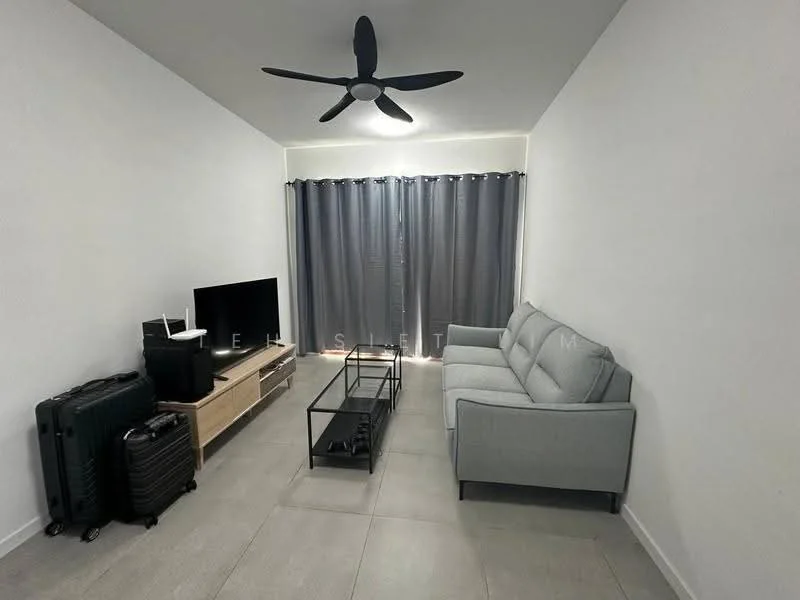 Living features: 3-seater fabric sofa in light grey, black coffee table with glass top, TV console, wall-mounted TV, 5-blade ceiling fan with light, grey curtains, light grey tiled flooring, two black suitcases; style: modern.