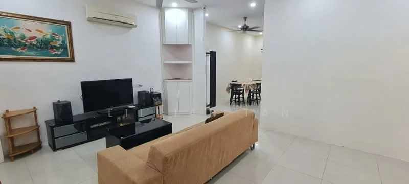 Living features: cream painted walls, white ceiling, 5-blade ceiling fan with light, wall-mounted TV, black TV console, brown fabric sofa, light-colored floor tiles, wooden shelving unit, air conditioning unit; style: modern. Dining features: dining table with chairs, light-colored walls, white ceiling, light fixtures; style: modern.