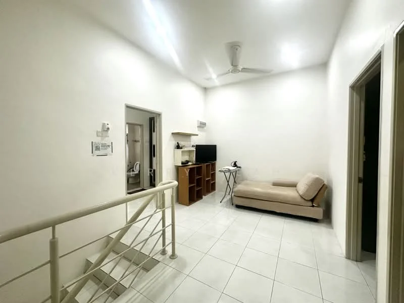 Living features: white painted walls, tile flooring, ceiling fan, sofa, TV console, wall-mounted TV, open shelving, side table; style: minimalist. Room features: staircase, doorway leading to another room.